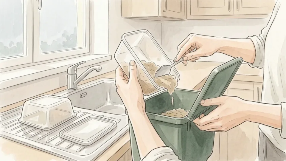 Step 15 of 15: Throw out anything you cannot account for. A container being emptied into a kitchen caddy beside the sink, with a washed container draining on the rack.