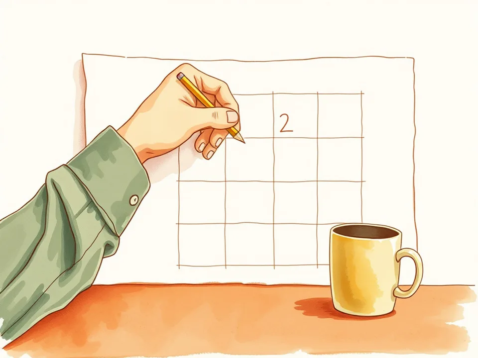 Step 9 of 12: Give a product eight weeks before judging. A person marking several weeks on a blank wall calendar