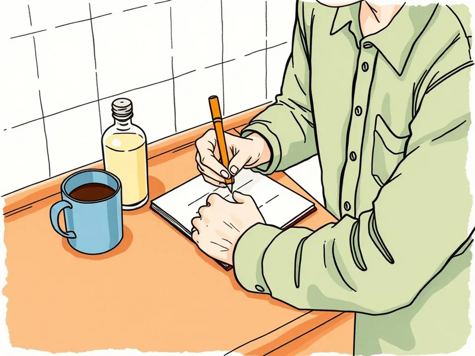 Step 8 of 12: Keep a two-line log. A person writing a short note about a new skincare product