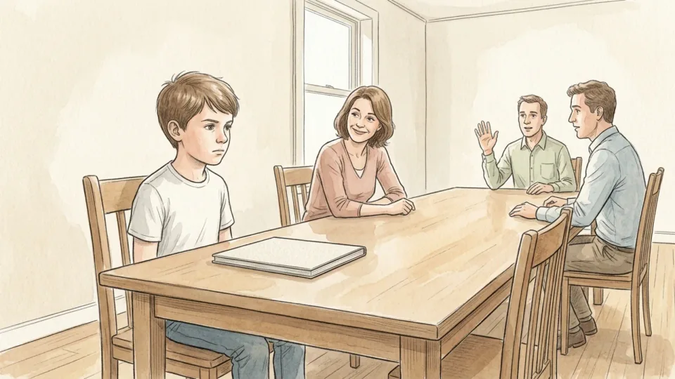 Step 7 of 15: Give the meeting a chair and rotate the job. A boy of about ten sitting up straight at the head of a dining table with a closed blank notebook in front of him, while further down the table an adult raises a hand to speak.