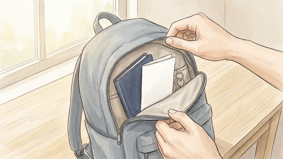 Step 14 of 15: Give documents and valuables one fixed pocket. Two hands holding open the zipped top pocket of a grey-blue backpack on a pale wooden table by a window, with a plain navy document wallet and a folded white sheet standing inside.