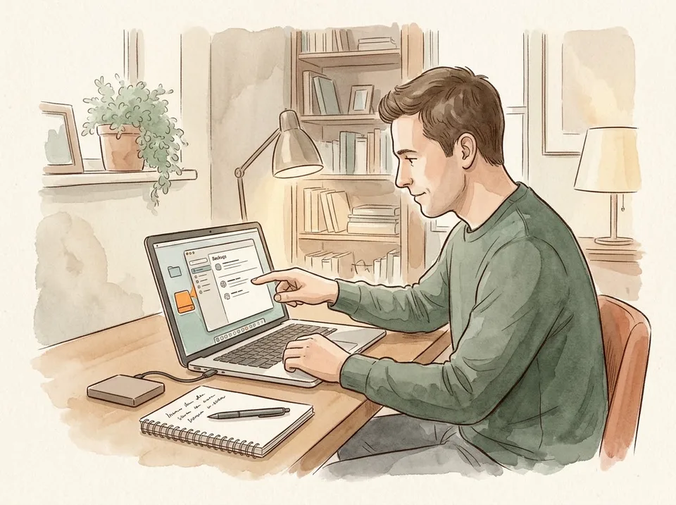 Step 8 of 15: Turn on the backup tool that came with the system. A man pointing at a backup settings screen on a laptop, an external drive icon highlighted on the desktop