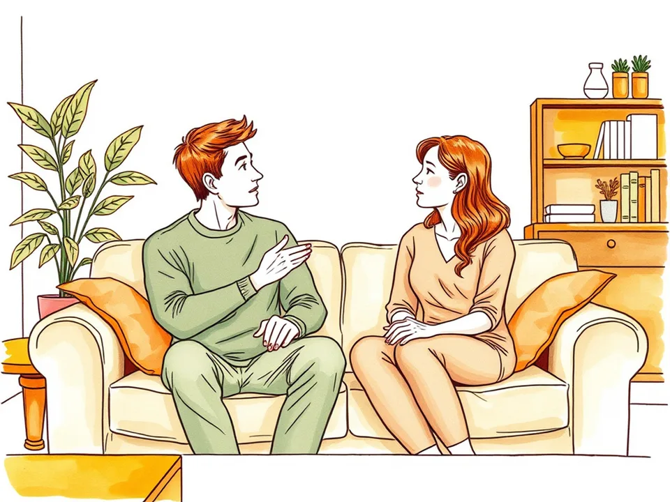 Step 5 of 12: Open with the relationship, not the complaint. Two people talking side by side on a sofa, one gesturing openly