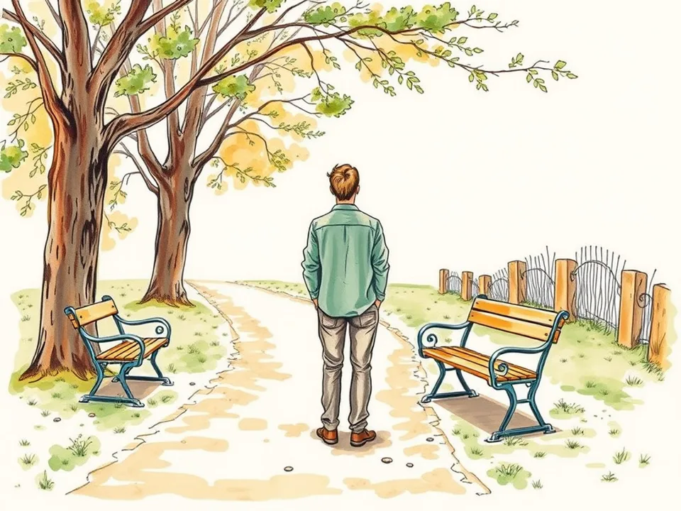 Step 4 of 12: Choose a route with exits. A person standing at a fork in a park path looking at two directions ahead