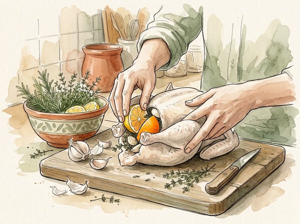 Step 5 of 15: Stuff the cavity with lemon and herbs, not bread. Hands placing lemon halves, garlic cloves and thyme into the cavity of a raw chicken on a board
