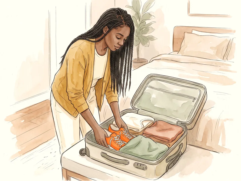 Step 7 of 12: Pack shoes at the bottom. A traveler placing shoes at the bottom of a carry-on