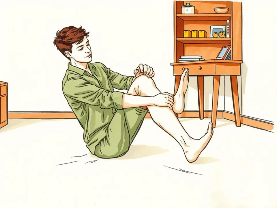 Step 11 of 12: Learn the 48-hour rule for soreness. A person sitting on the floor stretching one leg with a hand on their calf