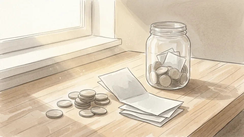 Step 7 of 15: Start small enough that you never cancel it. A small stack of coins and a few folded paper slips on a wooden table beside a glass jar, lit by a window.