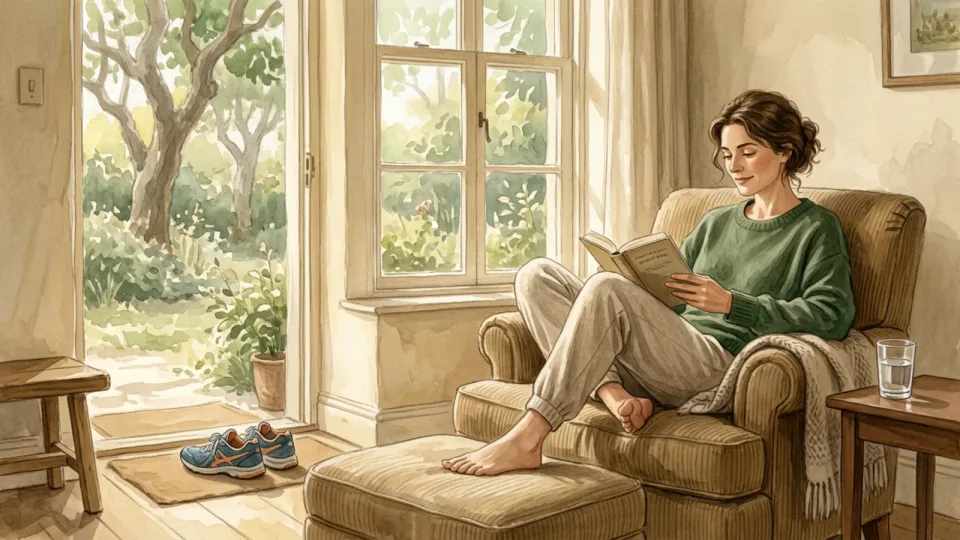 Step 10 of 15: Protect time for recovery. A person relaxing with a book near a sunny window, with running shoes set aside