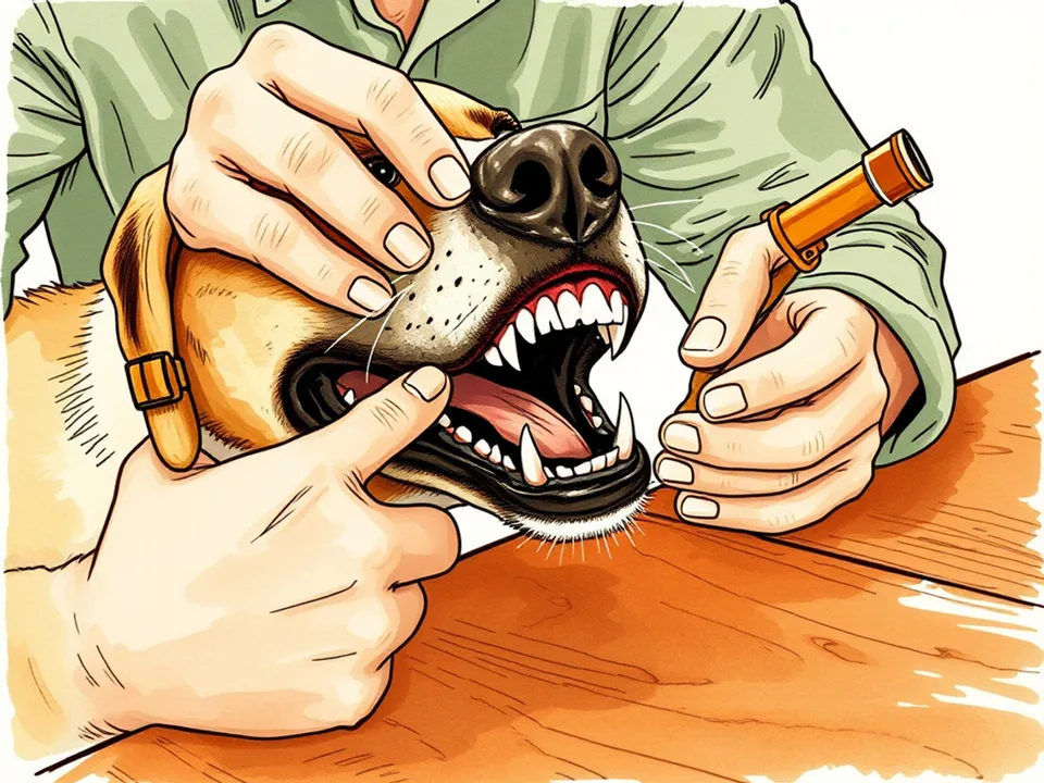 Step 5 of 12: Lift the lip and check the mouth. A person lifting a dog's lip to look at the teeth and gums with a small torch
