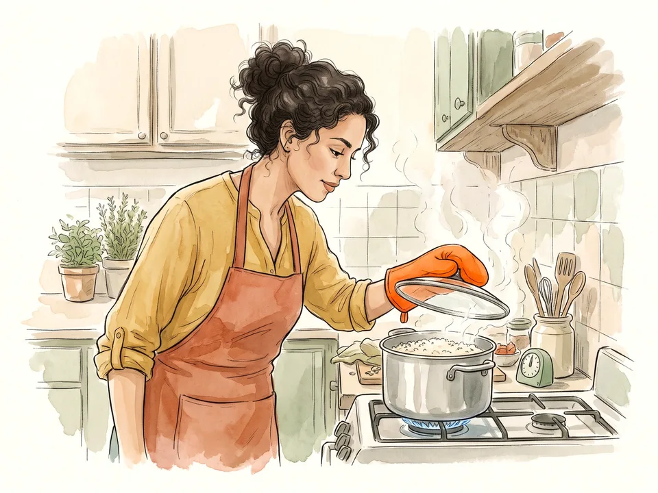 Step 3 of 12: Bring to a boil, then cover and simmer. A cook lifting the glass lid of a simmering pot of rice