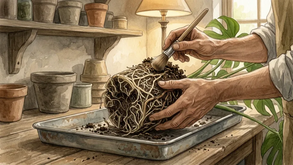 Step 9 of 15: Inspect the roots and old mix. A gardener brushing old potting mix from a houseplant root ball held over a metal tray on a potting bench.