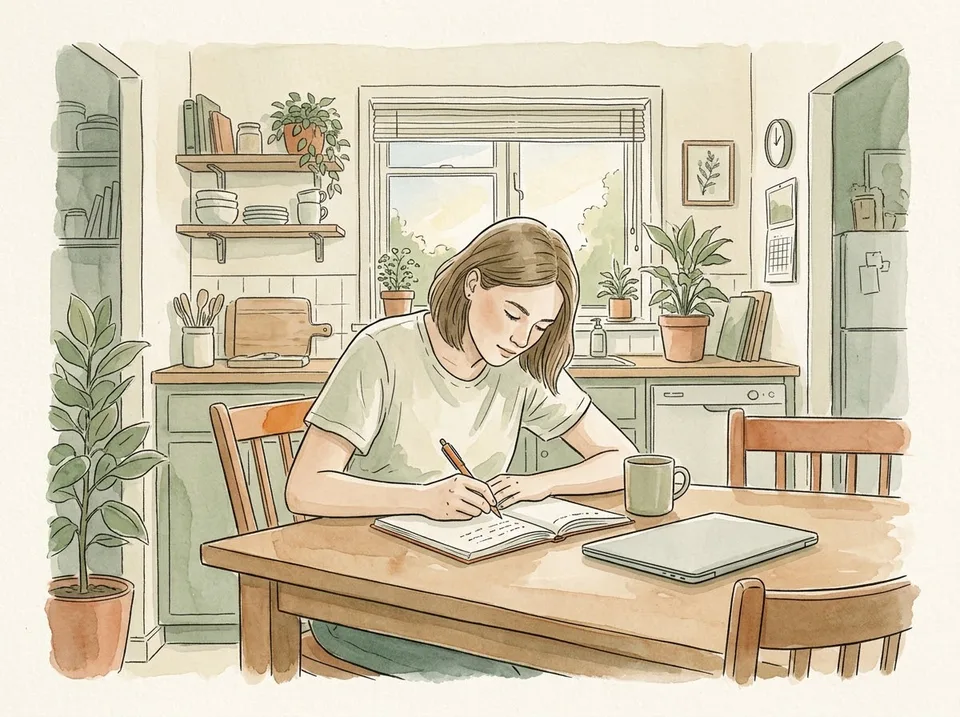 Step 11 of 15: Fill the gaps the same day. A student at a kitchen table filling in gaps and adding notes in a different coloured pen