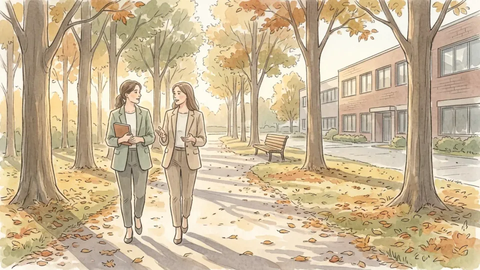 Step 2 of 15: Decide together where it happens. Two colleagues in light jackets walking side by side along a tree-lined path outside an office building in autumn, one of them carrying a small closed notebook.