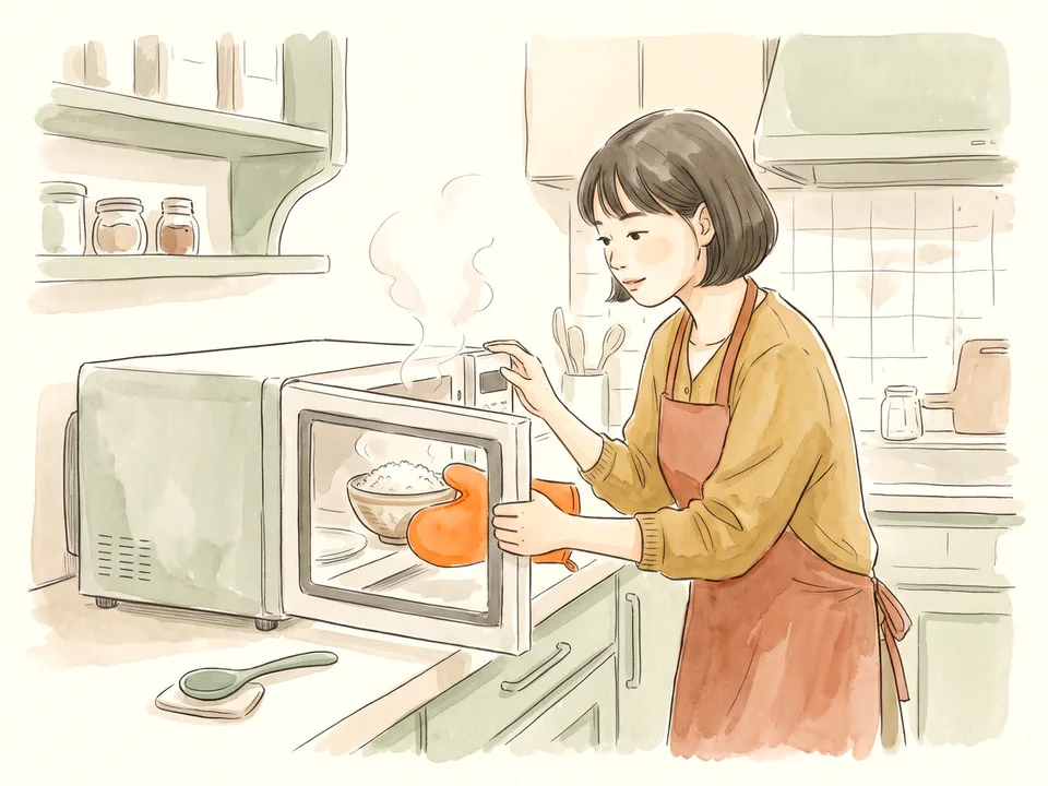 Step 11 of 12: Cook in intervals and check. A cook checking a bowl of rice in the microwave with an oven mitt