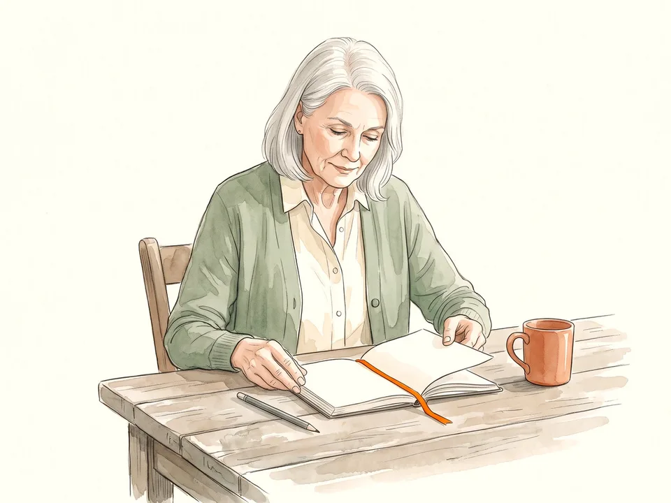 Step 1 of 12: Choose a notebook that opens flat. An older woman opening a blank notebook flat on a wooden table