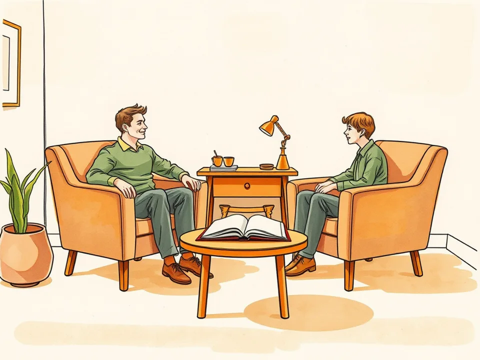 Step 8 of 12: Tell the author's voice from the character's. Two people sitting in armchairs facing each other in a warm room with an open book on the low table