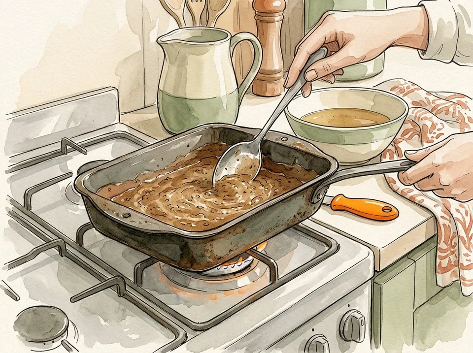 Step 14 of 15: Make gravy from the pan juices. A spoon stirring gravy in a roasting tin over a flame, a jug and a bowl of stock beside the hob