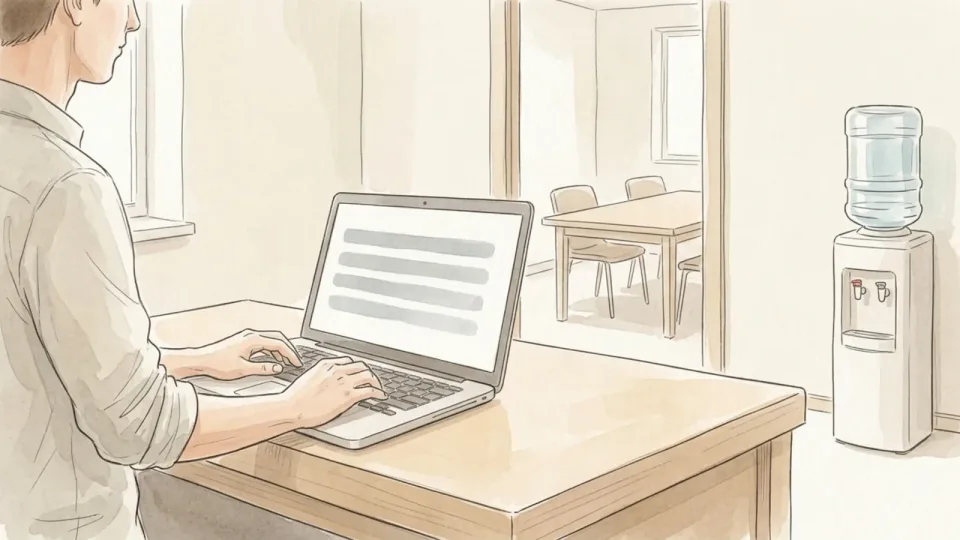 Step 8 of 15: Leave the status dump out. A person at a laptop typing a short message, the screen showing only a few soft grey horizontal bars, with a water cooler beside the open meeting-room doorway behind him.