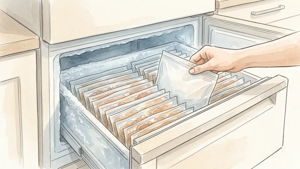 Step 13 of 15: Freeze what you will not reach in time. Flat sealed bags of cooked food stacked in a freezer drawer, one being slid into the gap between the others.