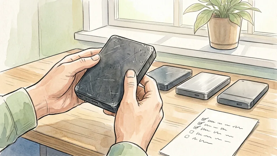 Step 15 of 15: Review the plan and replace failing media. A person at a bright home desk inspecting an older external drive beside a handwritten checklist.