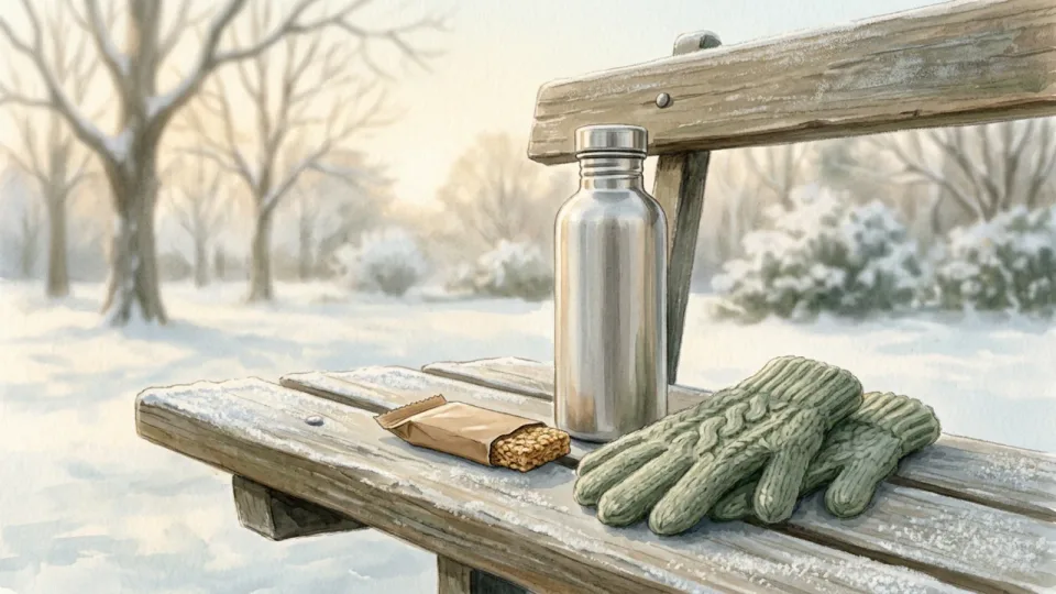 Step 14 of 15: Plan familiar food and fluids. A water bottle, a snack and gloves on a bench in a snowy park