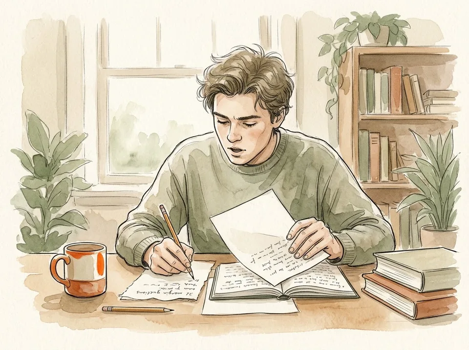 Step 14 of 15: Test yourself from the notes, not the textbook. A student covering the notes with a sheet of paper and answering margin questions on scrap paper