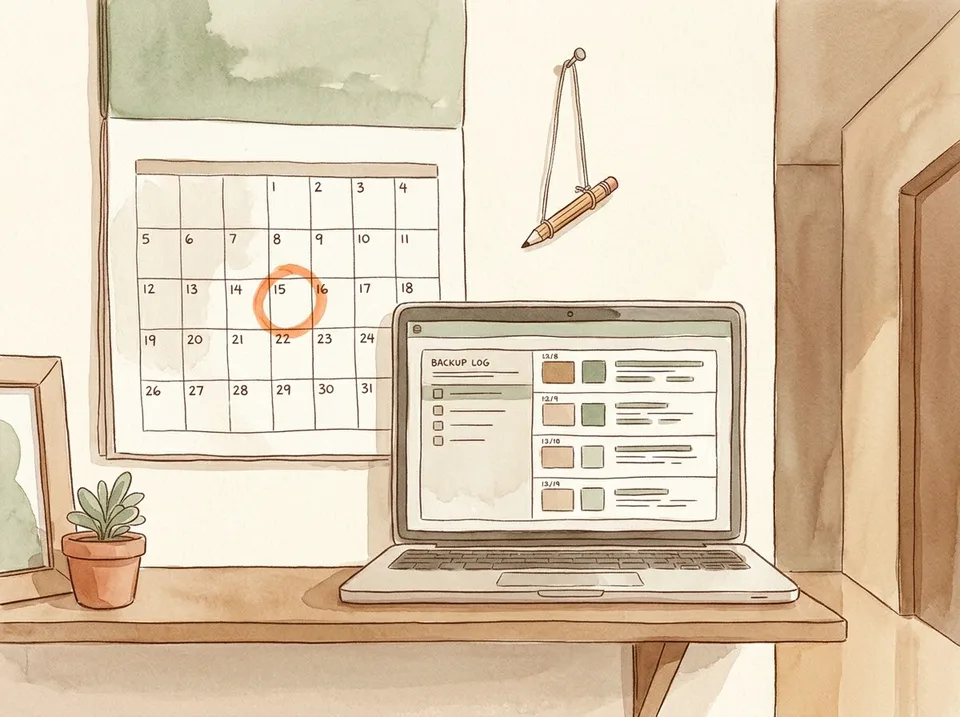 Step 13 of 15: Set a schedule and read the log once a month. A calendar on a wall with a monthly reminder circled, a laptop beside it showing a backup log with dates