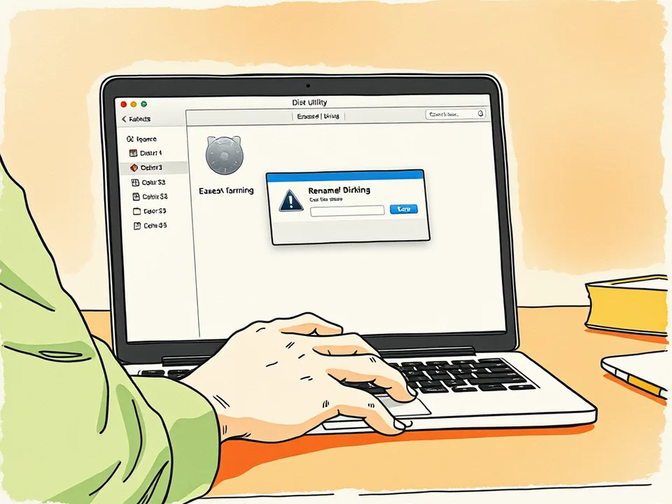 Step 7 of 15: Format the drive for your system. A disk utility window on a laptop showing a drive being erased and renamed, with a warning dialog abstracted