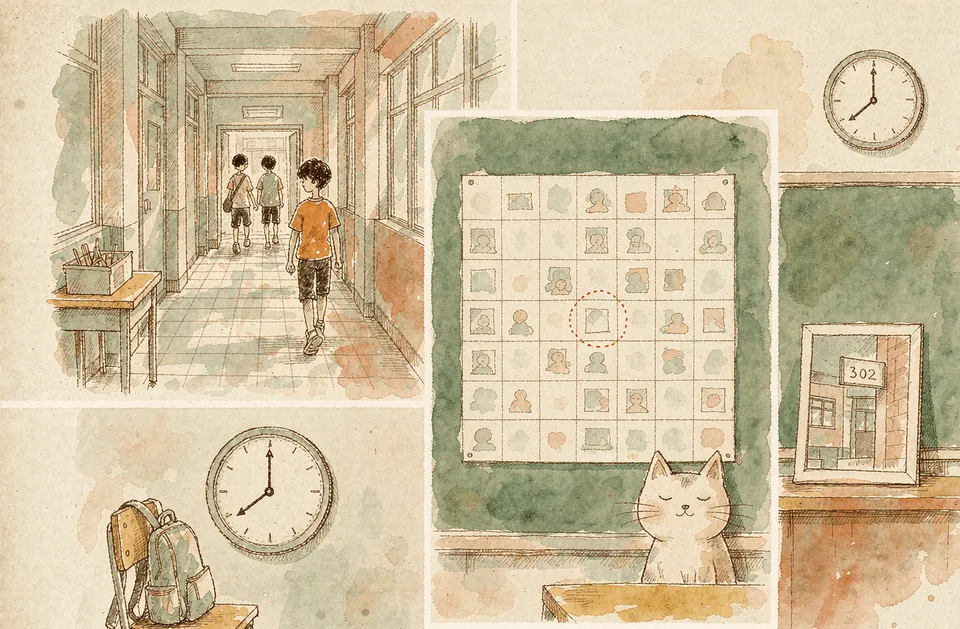 Step 6 of 12: Book a room and a repeating slot. 墙上每周时间表上一个被圈出的固定时段