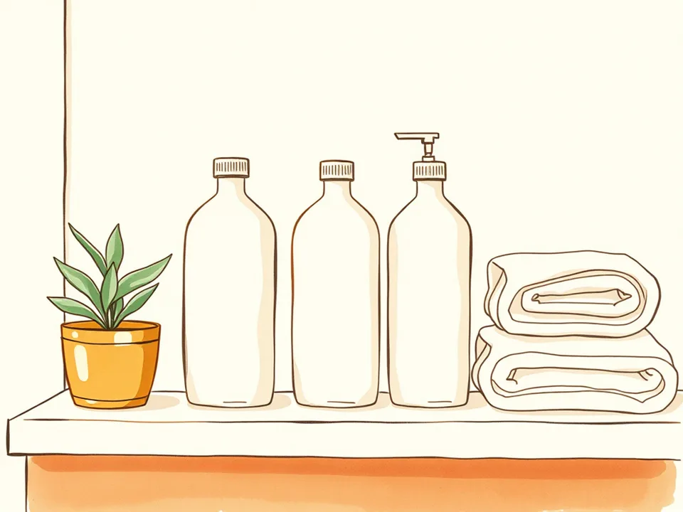 Step 2 of 12: Buy three things and nothing else. A cleanser, a moisturiser and a sunscreen standing in a row on a bathroom shelf