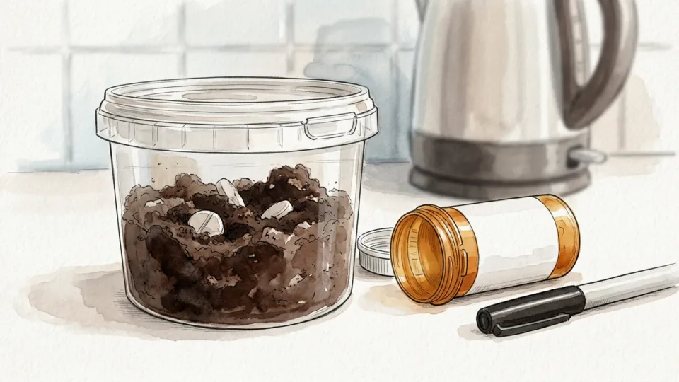 Step 15 of 15: Mix the remainder into something unappealing before binning it. A sealed plastic tub on a worktop holding a dark mixture of used coffee grounds, with an emptied pill bottle and a marker pen beside it.