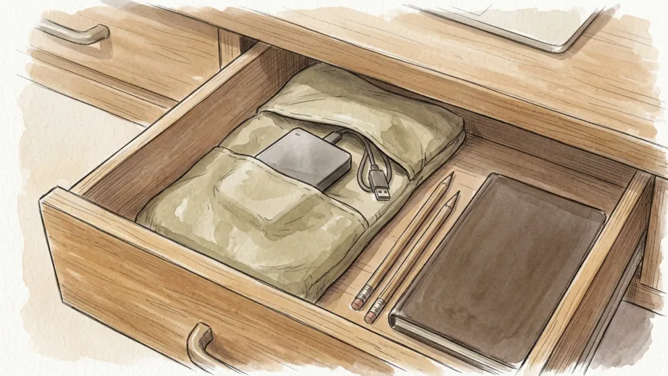 Step 11 of 15: Preserve a disconnected or versioned copy. An unplugged portable drive resting in a protective pouch inside an open desk drawer.