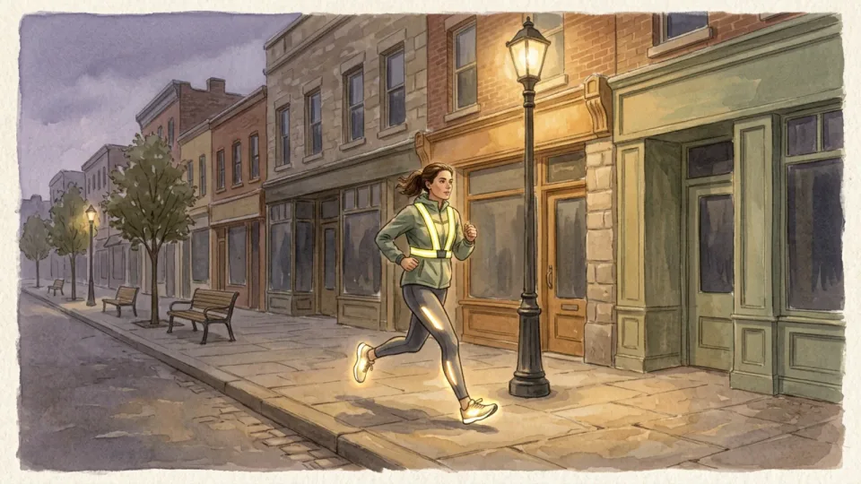 Step 7 of 12: Be visible before the sun goes down. A runner passing under a warm streetlamp on an empty city street at dusk in winter, closed shopfronts behind