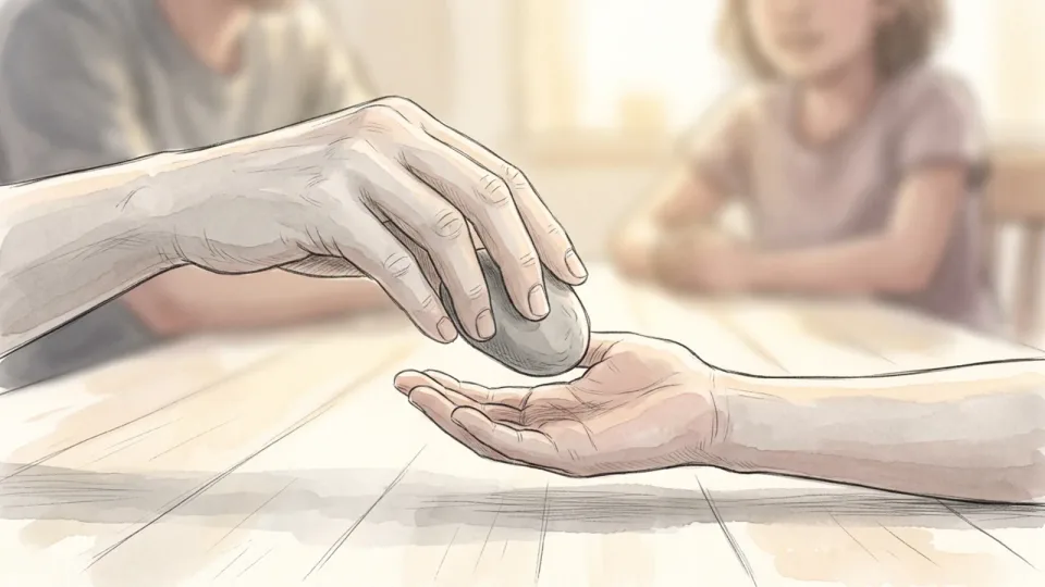 Step 8 of 15: Let one person speak at a time. Two hands passing a smooth grey river stone across a table, one releasing it and the other opening to receive it.
