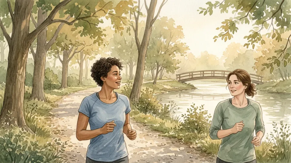Step 10 of 15: Check the effort with the talk test. Two friends jogging side by side on a wooded riverside path while talking comfortably
