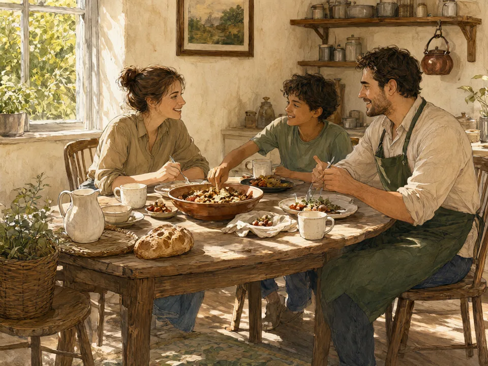 Step 5 of 12: Treat the first year as a rehearsal. Three people serving themselves at a table while trying a new family ritual