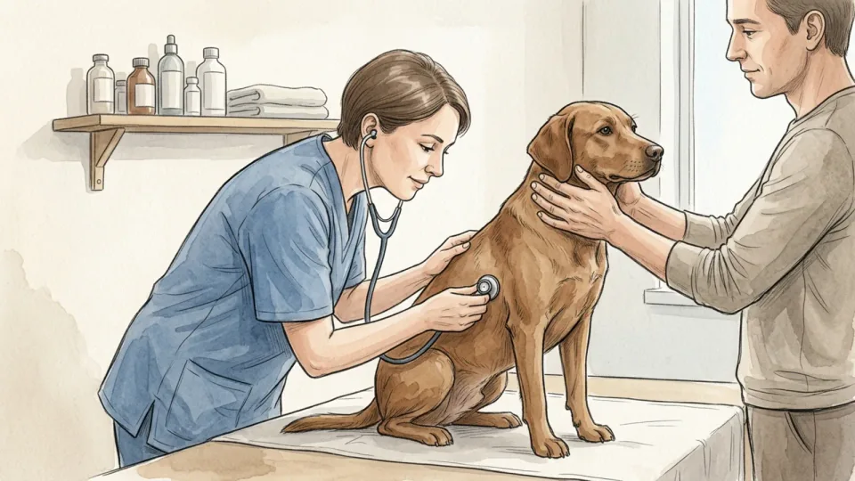 Step 1 of 15: Start with a vet check, not a schedule. A veterinarian listening to a calm brown dog's chest with a stethoscope on a consulting table while the owner steadies the dog.