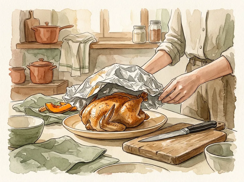 Step 12 of 15: Rest it for fifteen minutes before carving. A roasted chicken resting on a warm plate under loose foil, a carving board and knife waiting beside it