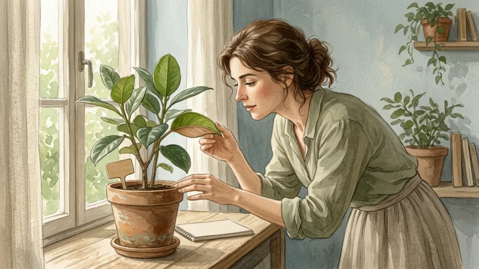 Step 2 of 15: Identify the plant and its needs. A person checking a leafy houseplant beside a small blank plant tag in a bright room.