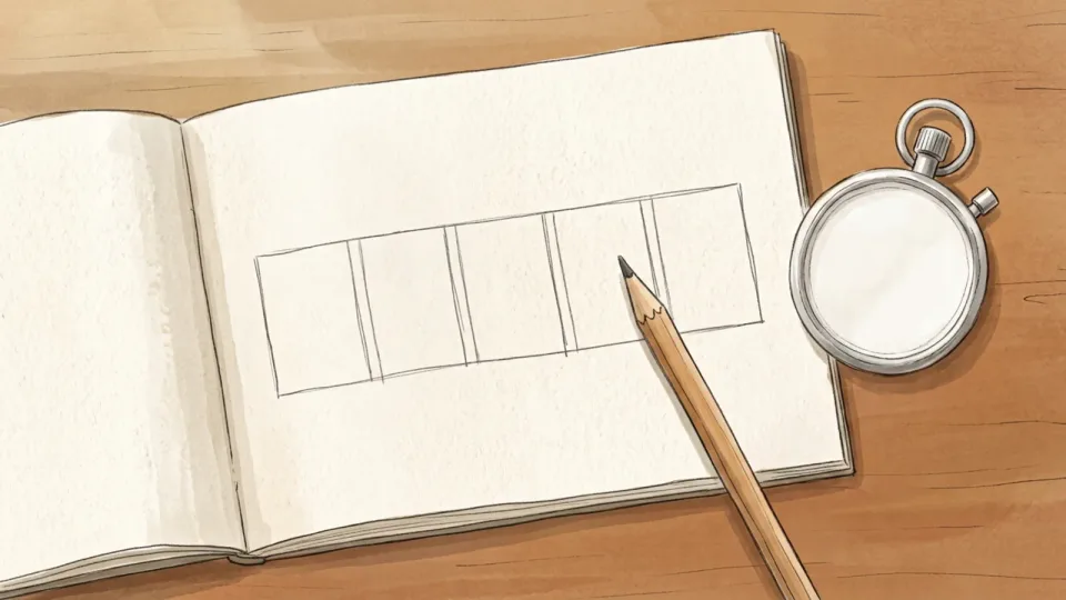 Step 6 of 15: Choose a starting run-walk ratio. A notebook page with blank interval boxes drawn beside a stopwatch on a table
