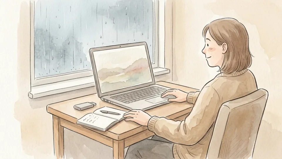 Step 12 of 15: Practice restoring a few files. A person looking at a single recovered photograph on a laptop, with an external drive and an open notebook beside it.