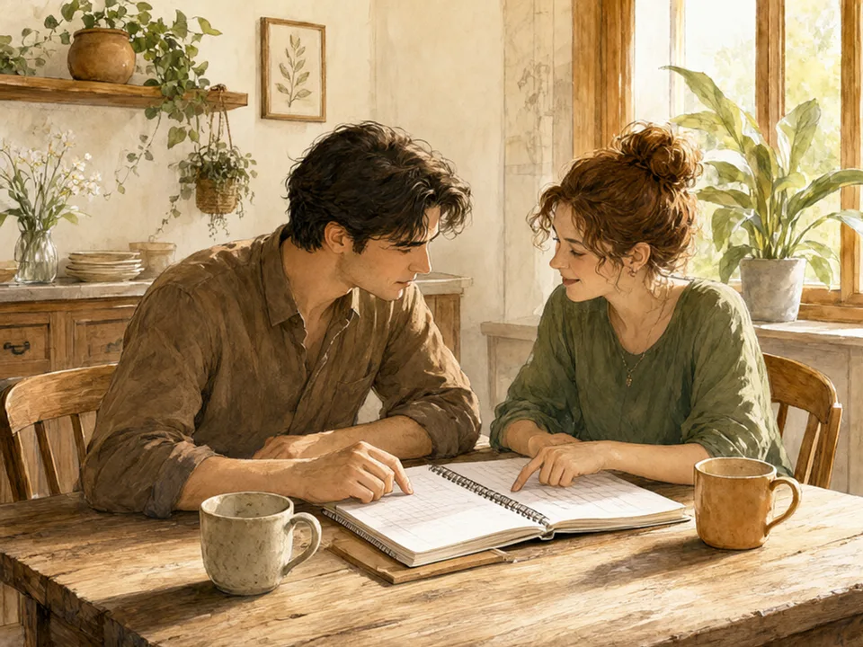 Step 6 of 12: Match chores to the real week, not to ideals. Two people comparing planners at a kitchen table