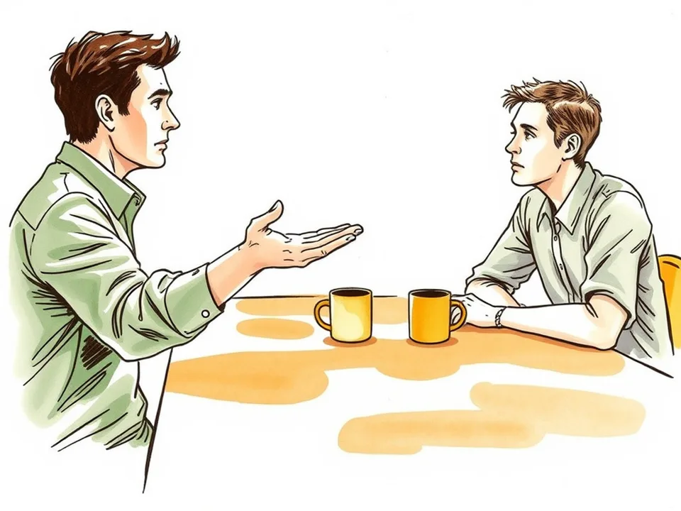 Step 8 of 12: Make one clear request, not a list of demands. A person making a clear request with an open palm across a table to another