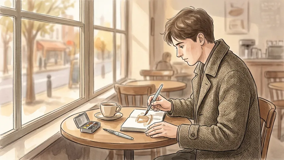 Step 11 of 15: Paint for fifteen minutes, not for a masterpiece. A person at a cafe table painting a quick study of the cup in front of them in a small sketchbook, coat still on.