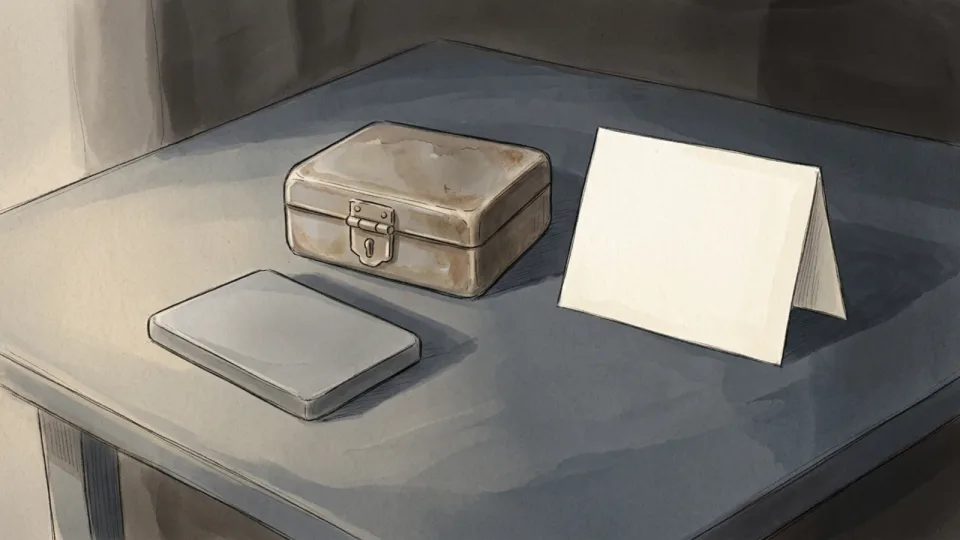 Step 9 of 15: Protect private photos and the key. An external drive beside a small closed lockbox and a folded card on a desk.