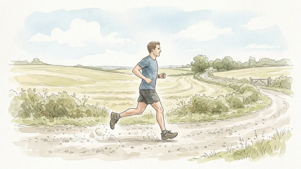 Step 14 of 15: Change one thing at a time. A runner moving at a steady, easy pace along a gravel path with open fields behind
