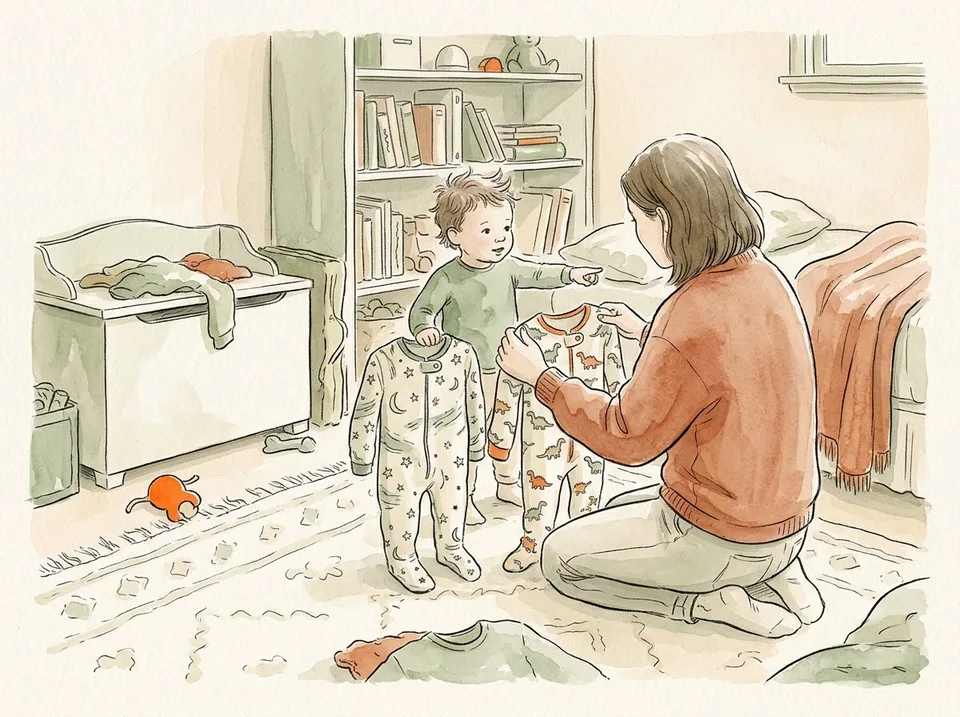 Step 6 of 15: Offer two choices and no open questions. A parent holding up two pairs of pyjamas for a toddler to choose between, the child pointing at one