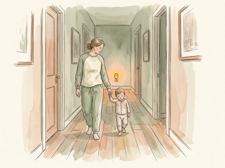 Step 8 of 15: Put them back calmly, with as few words as possible. A parent walking a small child back to bed by the hand in a dim hallway, calm posture, no conversation
