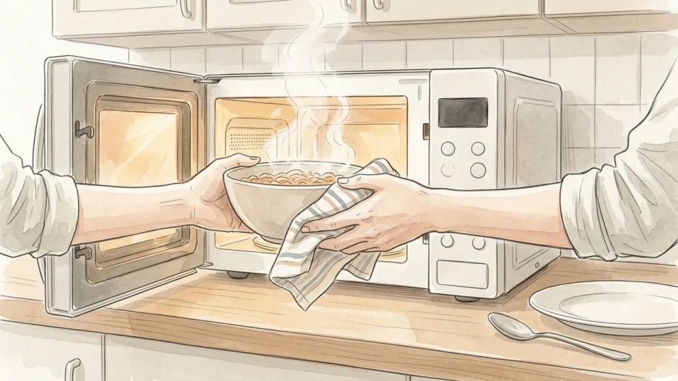 Step 14 of 15: Reheat until it is hot and steaming through. A bowl of food being lifted out of a microwave with a cloth, steam rising from the surface.